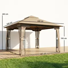 Outsunny 3.3 x 3.3 m Outdoor Garden Gazebo with Post Shelves, UPF50+ Patio Permanent Pavilion with Hook, Khaki - 3