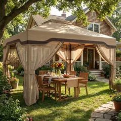 Outsunny 3 x 3.6 m Outdoor Garden Gazebo with Post Shelves, UPF50+ Patio Permanent Pavilion with Hook, Khaki - 2