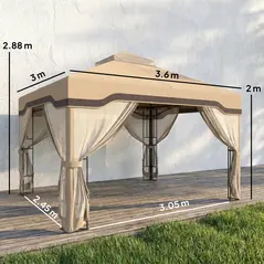 Outsunny 3 x 3.6 m Outdoor Garden Gazebo with Post Shelves, UPF50+ Patio Permanent Pavilion with Hook, Khaki - 3