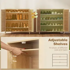 HOMCOM Bamboo Shoe Cabinet with Louvered Doors, 14 Pairs Shoe Storage Cabinet with Adjustable Shelves for Hallway, Natural - 6