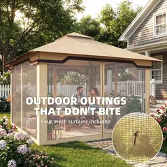 Outsunny 3.3 x 3.3 m Outdoor Garden Gazebo with Post Shelves, UPF50+ Patio Permanent Pavilion with Hook, Khaki - 6