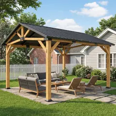 Outsunny 3.5 x 4 m Hardtop Gazebo Canopy with Galvanised Metal Roof, Fir Wood Frame and Hook for Patio, Garden, Black Grey - 2