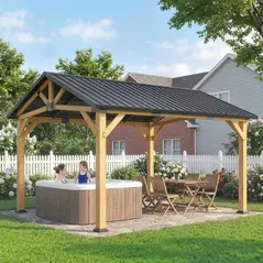 Outsunny 3.5 x 4 m Hardtop Gazebo Canopy with Galvanised Metal Roof, Fir Wood Frame and Hook for Patio, Garden, Black Grey - 8