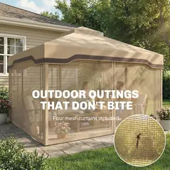 Outsunny 3 x 3.6 m Outdoor Garden Gazebo with Post Shelves, UPF50+ Patio Permanent Pavilion with Hook, Khaki - 6