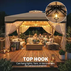 Outsunny 3 x 3.6 m Outdoor Garden Gazebo with Post Shelves, UPF50+ Patio Permanent Pavilion with Hook, Khaki - 8