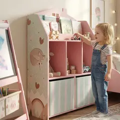 AIYAPLAY Kids Bookshelf with Storage, Toy Storage Unit with Book Display, Shelves and Fabric Drawers for Playroom Nursery, Pink - 9