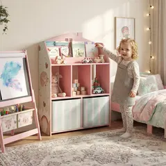AIYAPLAY Kids Bookshelf with Storage, Toy Storage Unit with Book Display, Shelves and Fabric Drawers for Playroom Nursery, Pink - 2