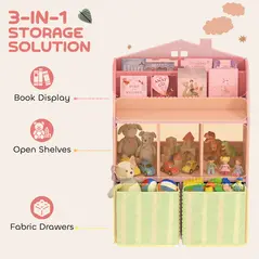 AIYAPLAY Kids Bookshelf with Storage, Toy Storage Unit with Book Display, Shelves and Fabric Drawers for Playroom Nursery, Pink - 4