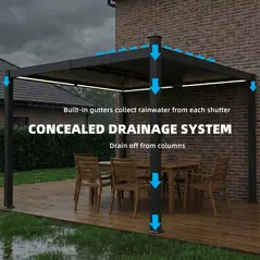 Outsunny 3 x 3 m Louvered Pergola with Solar LED lights, Metal Roof, Patio Gazebo Pergola Canopy with Drainage Gutters, Black - 7
