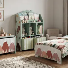 AIYAPLAY Kids Bookshelf with Storage, Toy Storage Unit with Book Display, Shelves and Fabric Drawers for Playroom Nursery, Green - 9