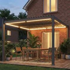 Outsunny 3 x 3 m Louvered Pergola with Solar LED lights, Metal Roof, Patio Gazebo Pergola Canopy with Drainage Gutters, Black - 2