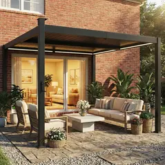 Outsunny 3 x 3 m Louvered Pergola with Solar LED lights, Metal Roof, Patio Gazebo Pergola Canopy with Drainage Gutters, Black - 9
