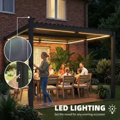Outsunny 3 x 3 m Louvered Pergola with Solar LED lights, Metal Roof, Patio Gazebo Pergola Canopy with Drainage Gutters, Black - 4