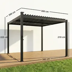 Outsunny 3 x 3 m Louvered Pergola with Solar LED lights, Metal Roof, Patio Gazebo Pergola Canopy with Drainage Gutters, Black - 3