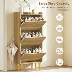 HOMCOM Narrow Shoe Cabinet, Modern Shoe Storage Cabinet with 3 Flip Drawers, Oak - 5