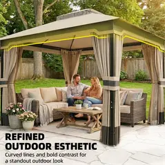 Outsunny 3 x 3.6 m Outdoor Garden Gazebo with Netting and Curtains, Double Roof Patio Gazebo Permanent Pavilion, Khaki - 5