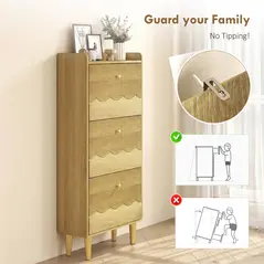 HOMCOM Narrow Shoe Cabinet, Modern Shoe Storage Cabinet with 3 Flip Drawers, Oak - 9