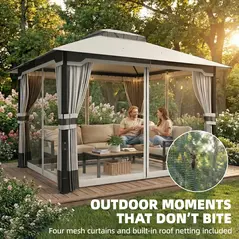 Outsunny 3 x 3.6 m Outdoor Garden Gazebo with Netting and Curtains, Double Roof Patio Gazebo Permanent Pavilion, Light Grey - 7