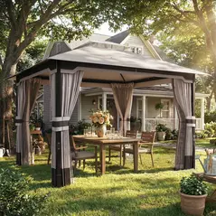 Outsunny 3 x 3.6 m Outdoor Garden Gazebo with Netting and Curtains, Double Roof Patio Gazebo Permanent Pavilion, Khaki - 2