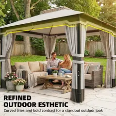 Outsunny 3 x 3.6 m Outdoor Garden Gazebo with Netting and Curtains, Double Roof Patio Gazebo Permanent Pavilion, Light Grey - 5