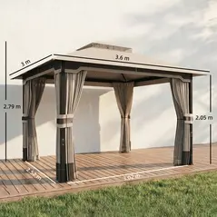 Outsunny 3 x 3.6 m Outdoor Garden Gazebo with Netting and Curtains, Double Roof Patio Gazebo Permanent Pavilion, Khaki - 3