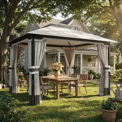 Outsunny 3 x 3.6 m Outdoor Garden Gazebo with Netting and Curtains, Double Roof Patio Gazebo Permanent Pavilion, Light Grey - 2