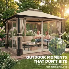 Outsunny 3 x 3.6 m Outdoor Garden Gazebo with Netting and Curtains, Double Roof Patio Gazebo Permanent Pavilion, Khaki - 7