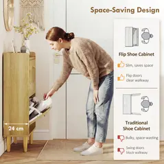 HOMCOM Narrow Shoe Cabinet, Modern Shoe Storage Cabinet with 2 Flip Drawers, Oak - 4