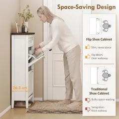 HOMCOM Shoe Cabinet with 2 Flip Drawers, Farmhouse Narrow Shoe Storage Cabinet with Adjustable Shelves, White - 4
