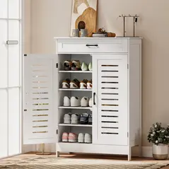 HOMCOM Shoe Cabinet with Louvered Doors, Modern Shoe Storage Cabinet with Drawer and Adjustable Shelves, White - 2