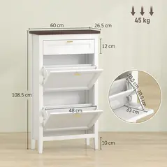 HOMCOM Shoe Cabinet with 2 Flip Drawers, Farmhouse Narrow Shoe Storage Cabinet with Adjustable Shelves, White - 3