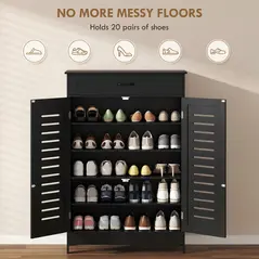 HOMCOM Shoe Cabinet with Louvered Doors, Modern Shoe Storage Cabinet with Drawer and Adjustable Shelves, Black - 4