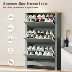 HOMCOM Slim Shoe Cabinet, Narrow Shoe Cupboard with 3 Flip Drawers, Adjustable Shelves for 18 Pairs of Shoes, Light Grey - 5