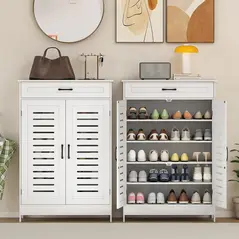 HOMCOM Shoe Cabinet with Louvered Doors, Modern Shoe Storage Cabinet with Drawer and Adjustable Shelves, White - 8