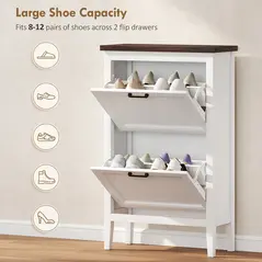 HOMCOM Shoe Cabinet with 2 Flip Drawers, Farmhouse Narrow Shoe Storage Cabinet with Adjustable Shelves, White - 5