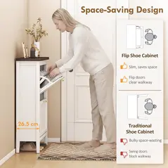 HOMCOM Shoe Cabinet with 2 Flip Drawers, Farmhouse Narrow Shoe Storage Cabinet with Adjustable Shelves, White - 4