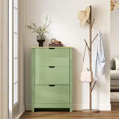HOMCOM Slim Shoe Cabinet, Narrow Shoe Cupboard with 3 Flip Drawers, Adjustable Shelves for 18 Pairs of Shoes, High Gloss Green - 9