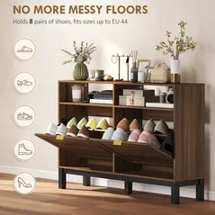 HOMCOM Shoe Cabinet with 2 Flip Drawers, Narrow Shoe Storage Top for Entryway Hallway, Rustic Brown - 4