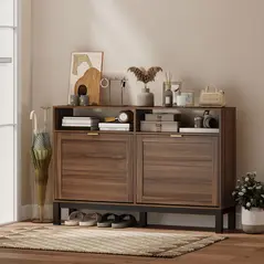 HOMCOM Shoe Cabinet with 2 Flip Drawers, Narrow Shoe Storage Top for Entryway Hallway, Rustic Brown - 2