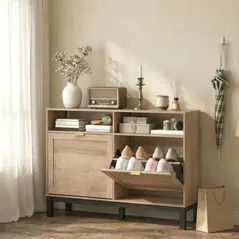 HOMCOM Shoe Cabinet with 2 Flip Drawers, Narrow Shoe Storage Top for Entryway Hallway, Walnut Brown - 8