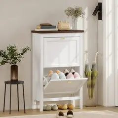 HOMCOM Shoe Cabinet with 2 Flip Drawers, Farmhouse Narrow Shoe Storage Cabinet with Adjustable Shelves, White - 2