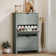 HOMCOM Slim Shoe Cabinet, Narrow Shoe Cupboard with 3 Flip Drawers, Adjustable Shelves for 18 Pairs of Shoes, Light Grey - 2