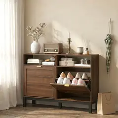 HOMCOM Shoe Cabinet with 2 Flip Drawers, Narrow Shoe Storage Top for Entryway Hallway, Rustic Brown - 8