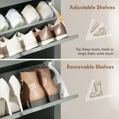 HOMCOM Slim Shoe Cabinet, Narrow Shoe Cupboard with 3 Flip Drawers, Adjustable Shelves for 18 Pairs of Shoes, Light Grey - 6