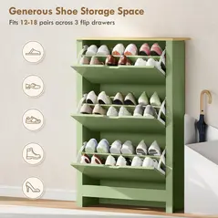 HOMCOM Slim Shoe Cabinet, Narrow Shoe Cupboard with 3 Flip Drawers, Adjustable Shelves for 18 Pairs of Shoes, High Gloss Green - 5