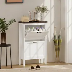 HOMCOM Shoe Cabinet with 2 Flip Drawers, Farmhouse Narrow Shoe Storage Cabinet with Adjustable Shelves, White - 2