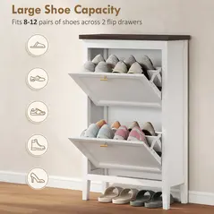 HOMCOM Shoe Cabinet with 2 Flip Drawers, Farmhouse Narrow Shoe Storage Cabinet with Adjustable Shelves, White - 5