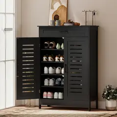 HOMCOM Shoe Cabinet with Louvered Doors, Modern Shoe Storage Cabinet with Drawer and Adjustable Shelves, Black - 2