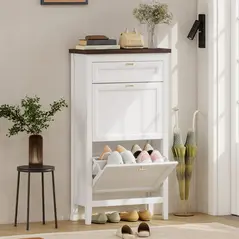 HOMCOM Shoe Cabinet with 2 Flip Drawers, Farmhouse Narrow Shoe Storage Cabinet with Adjustable Shelves, White - 2