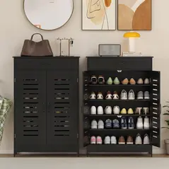 HOMCOM Shoe Cabinet with Louvered Doors, Modern Shoe Storage Cabinet with Drawer and Adjustable Shelves, Black - 8
